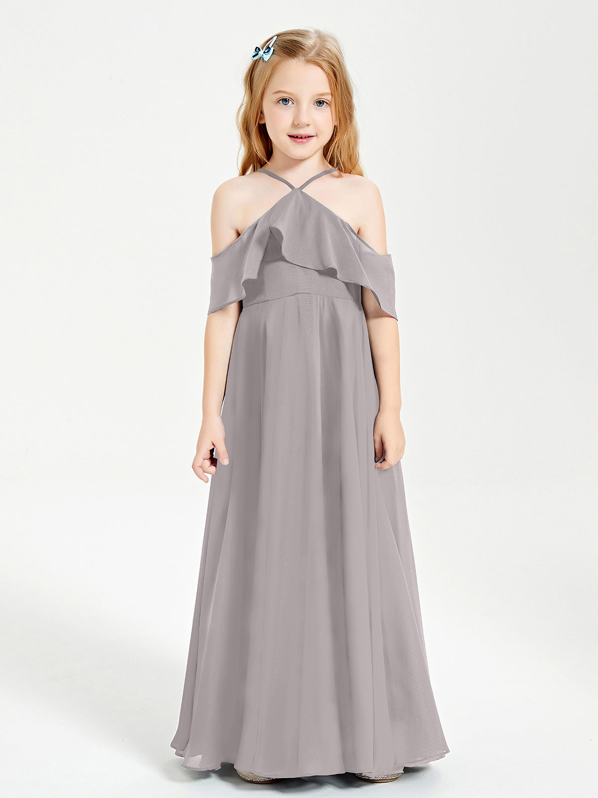 Off-the-Shoulder Long Dresses for Junior Bridesmaids Silver